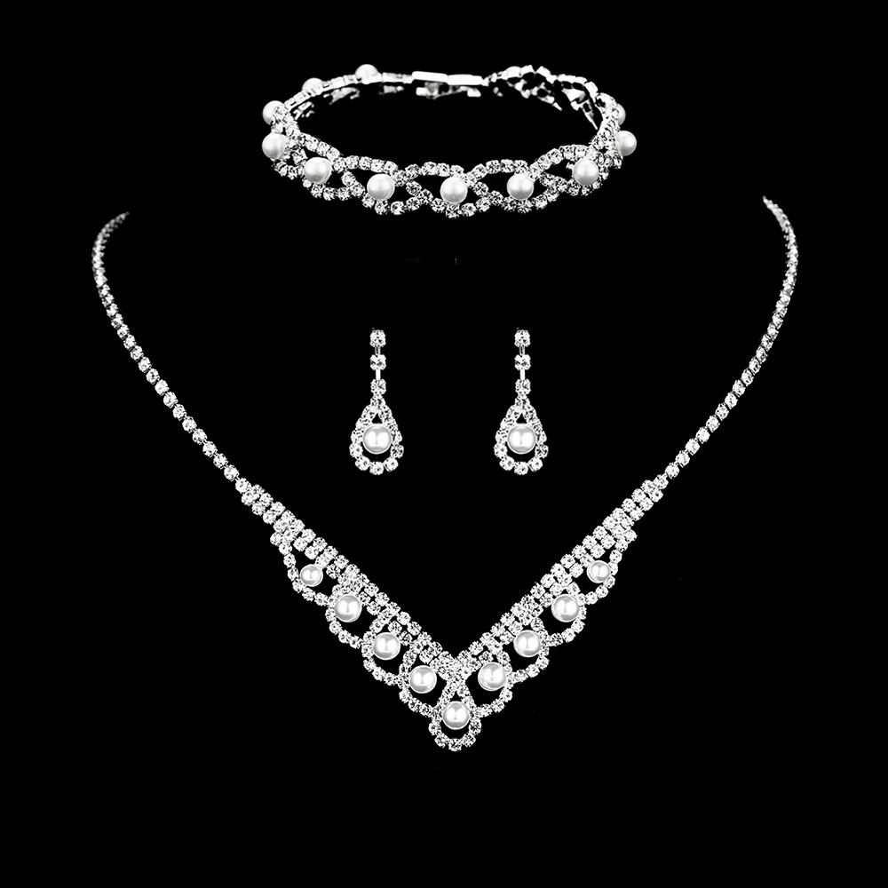 Wedding Silver Rhinestone Embedded Pearl Necklace Earrings Bracelet Three Piece Jewelry Set 2024 - Flycurvy 