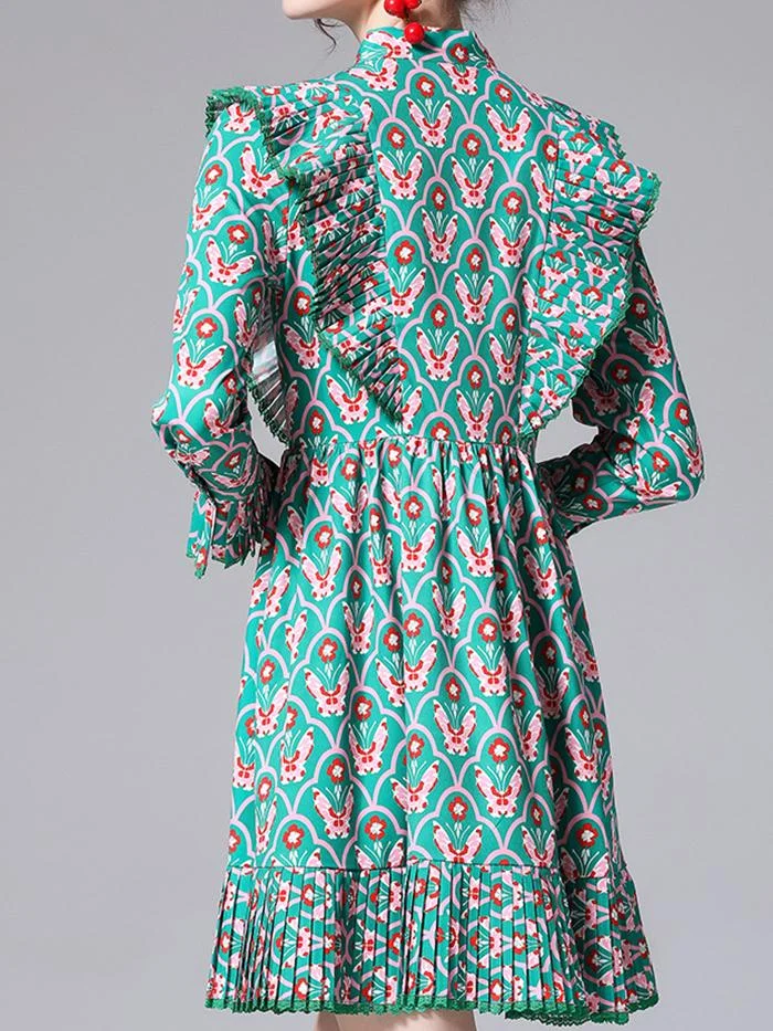 Elegant Pleated Floral Shirt Dress