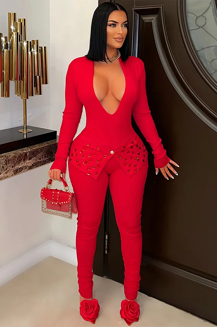 Deep V Neck Long Sleeve Rhinestone Decor Party Slim Fit Jumpsuit-Black