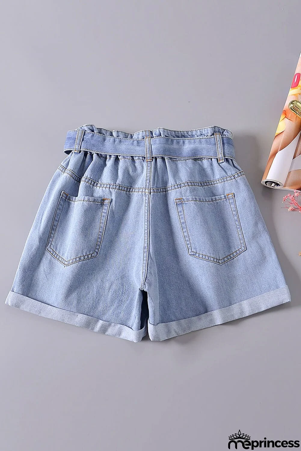 Women Light Blue Roll Hem Paper Bag Waist Denim Shorts