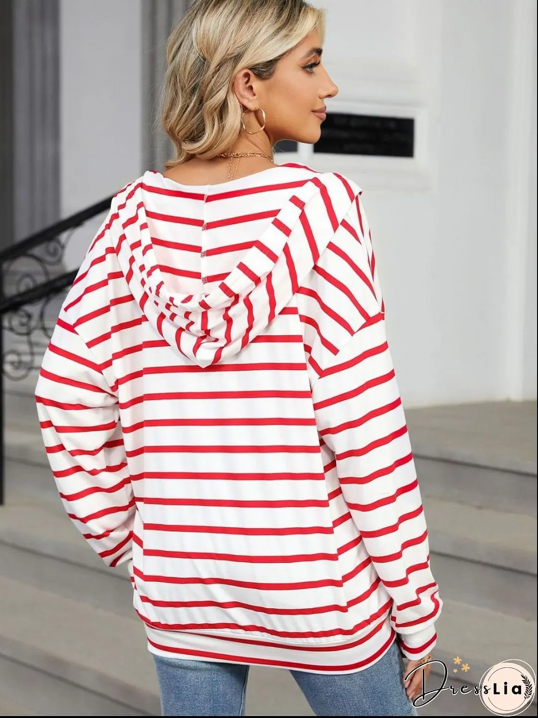 Drawstring Striped Long Sleeve Hoodie