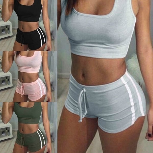 Summer Women Fashion Two Pieces Sports Sets Sleeveless Crop Top+Lace-Up Tight Shorts Casual Sports Fitness Sets Yoga Wear 6 Colors S-5Xl - Shop Trendy Women's Fashion | TeeYours