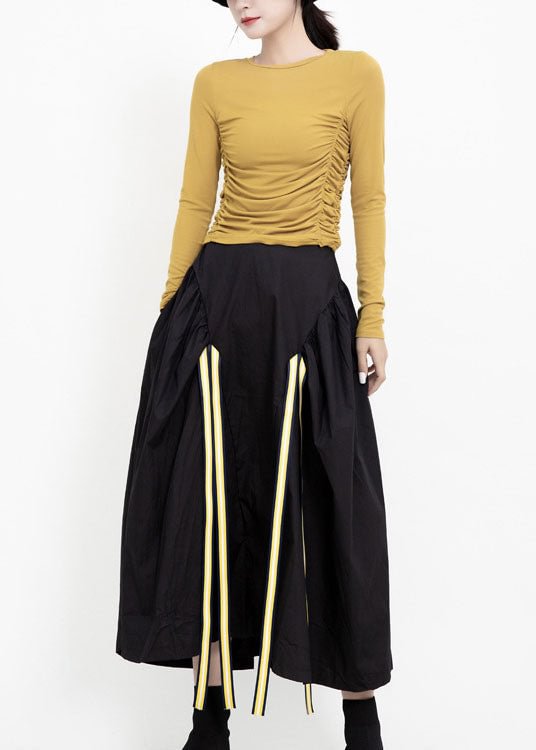 French Black High Waist Wrinkled Pockets Asymmetrical Design Fall Skirts