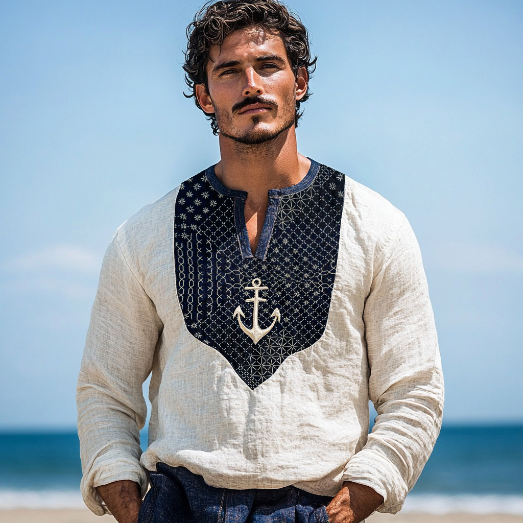 Men's Vintage Anchor Embroidery Sashiko Japanese Patchwork Art Linen V-neck Shirt