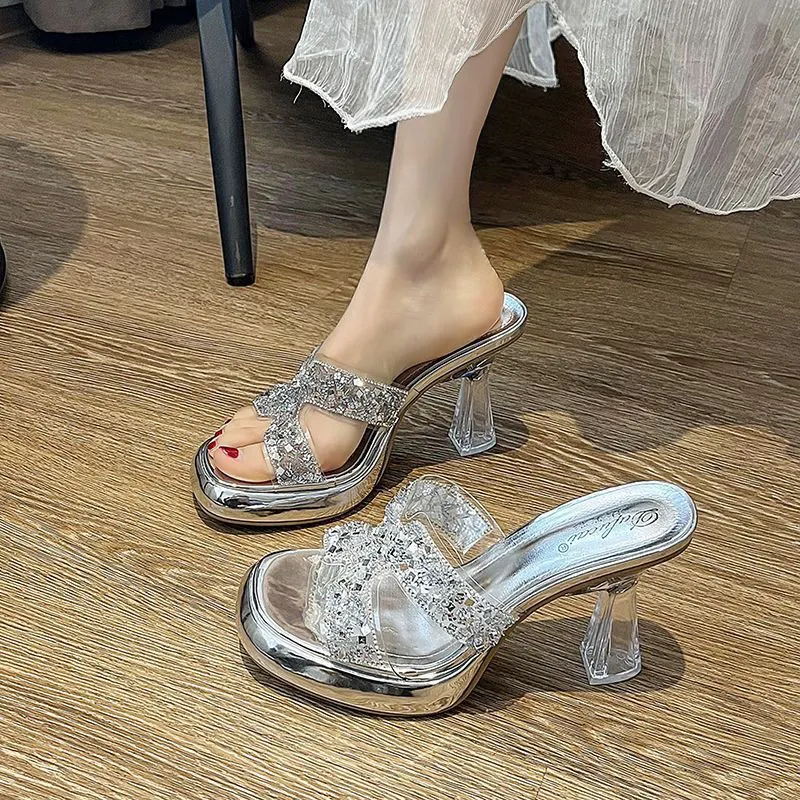 Breakj Breakj Korea's Small Thick-Bottomed One-Word Drag Woman Wearing Transparent Cool Slippers In The Summer Of 2025 Thick Heel High Heels