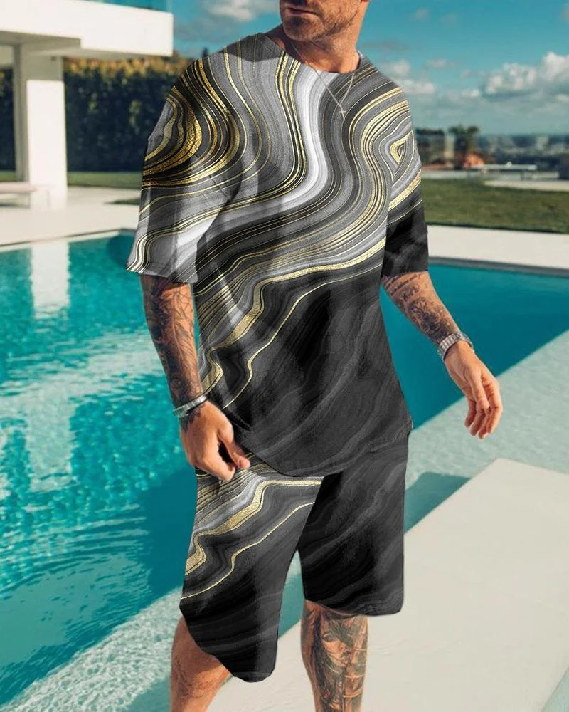 Men's Holiday Vintage Marble Pattern Print Shorts Suit