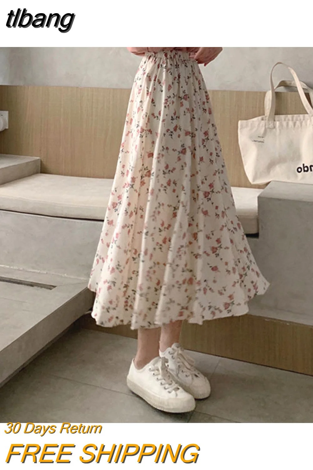 tlbang Women Summer Floral Cozy Girls Leisure Chic High-waist Simple Office Lady Daily Holiday Female A-line Midi Korean Version