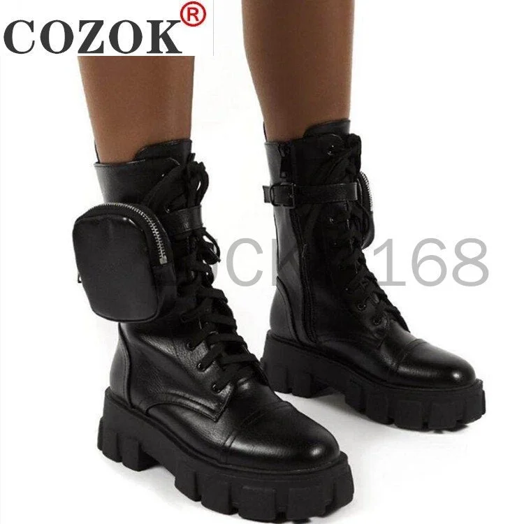 2020 Autumn Winter Bootie Pocket Buckle Strap Pink Chunky Sole Pouch Ankle Boots Shiny Leather Patchwork Arrival Platform Boots