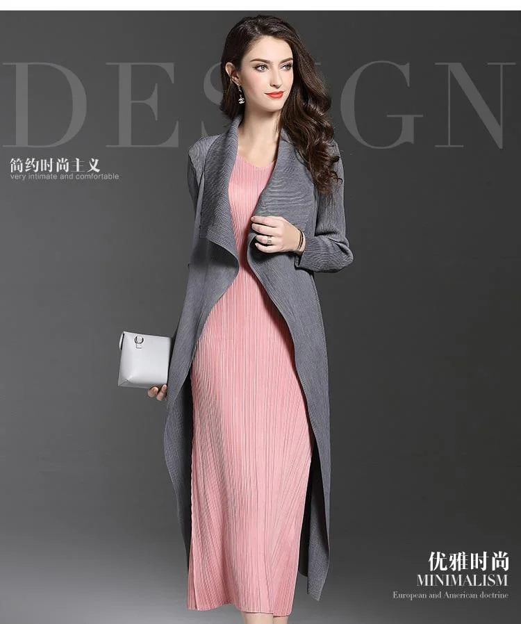 Women Fashion Pleated Long Windbreaker Turn Down Collar Open Cardigan Black Green Gray Red Khaki  Female Clothing Coat Shawl