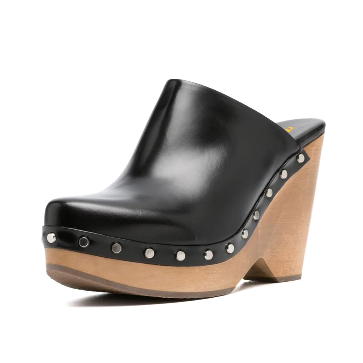Women's Black Round Toe Slip On Studded Wedge High Heel Mules Nicepairs