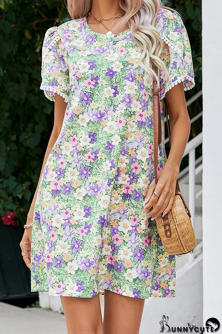 Sweet Cute Print Tassel Patchwork O Neck Short Sleeve Dress