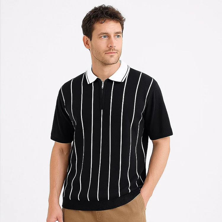 Retro Vertical Stripe Knit Zip Polo QueenFunky