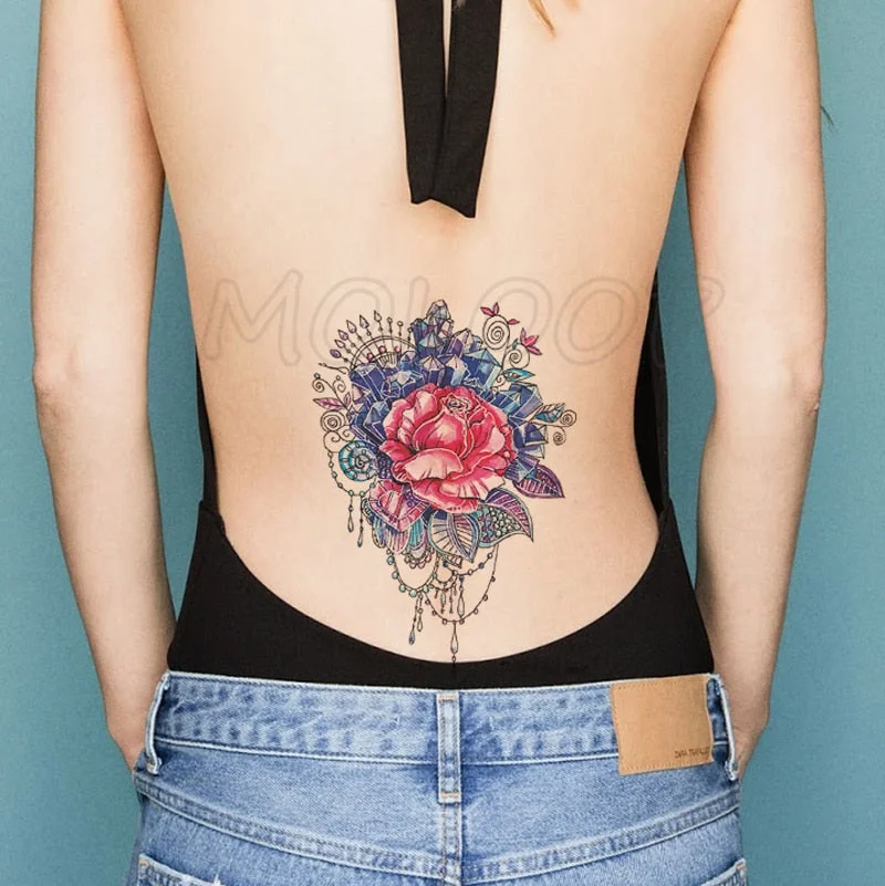 Temporary Tattoo Stickers Rose Sapphire Red Flower Fake Tatto Waterproof Tatoo Back Leg Arm Belly Big Size for Women Men Girl
