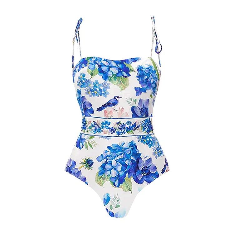 Hydrangea Prints One Piece Swimsuit and Skirt 
