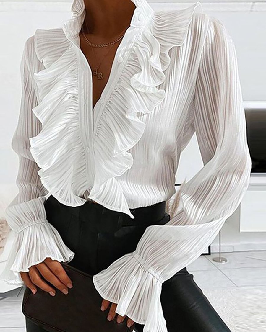Ladies Elegant Versatile Ruffle Design Casual Long Sleeve Top