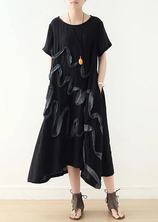 French Black Loose Linen Summer Dresses