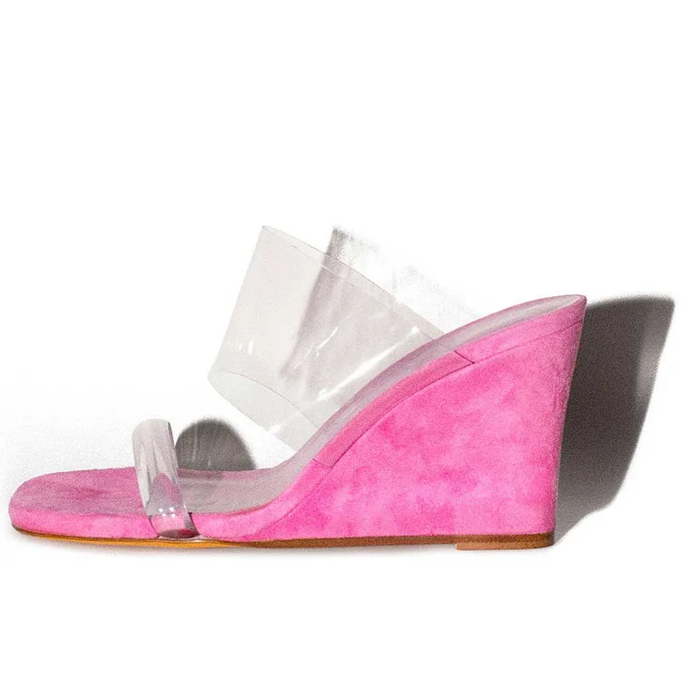 Pink Vegan Suede Square Toe Clear Strap Wedge Mules for Women |FSJ Shoes