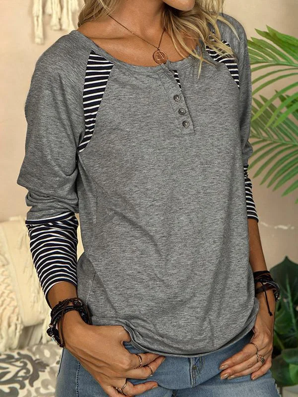 Women Long Sleeve Scoop Neck Striped Colorblock Top