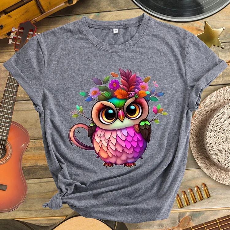 Colorful Creative Owl Pattern Neck T-shirt-Annaletters