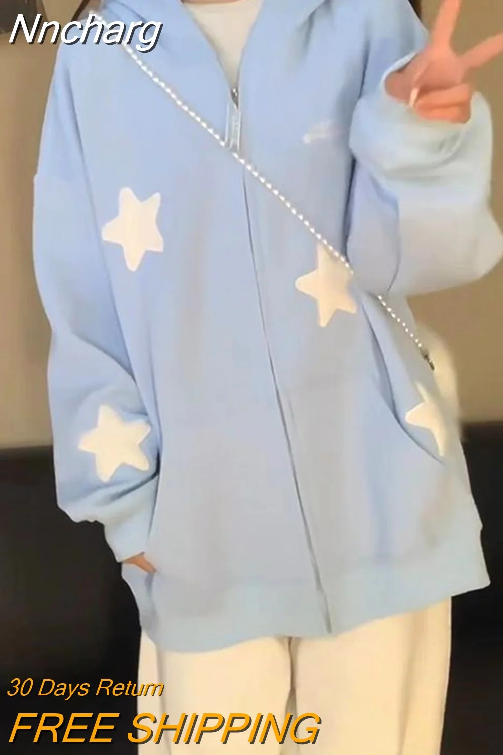 Nncharge Wing Blue Star Hooded Coats Women Fleece Kawaii Clothes Harajuku Sweatshirts Loose Long Sleeve Sweet Sudadera Mujer Y2k