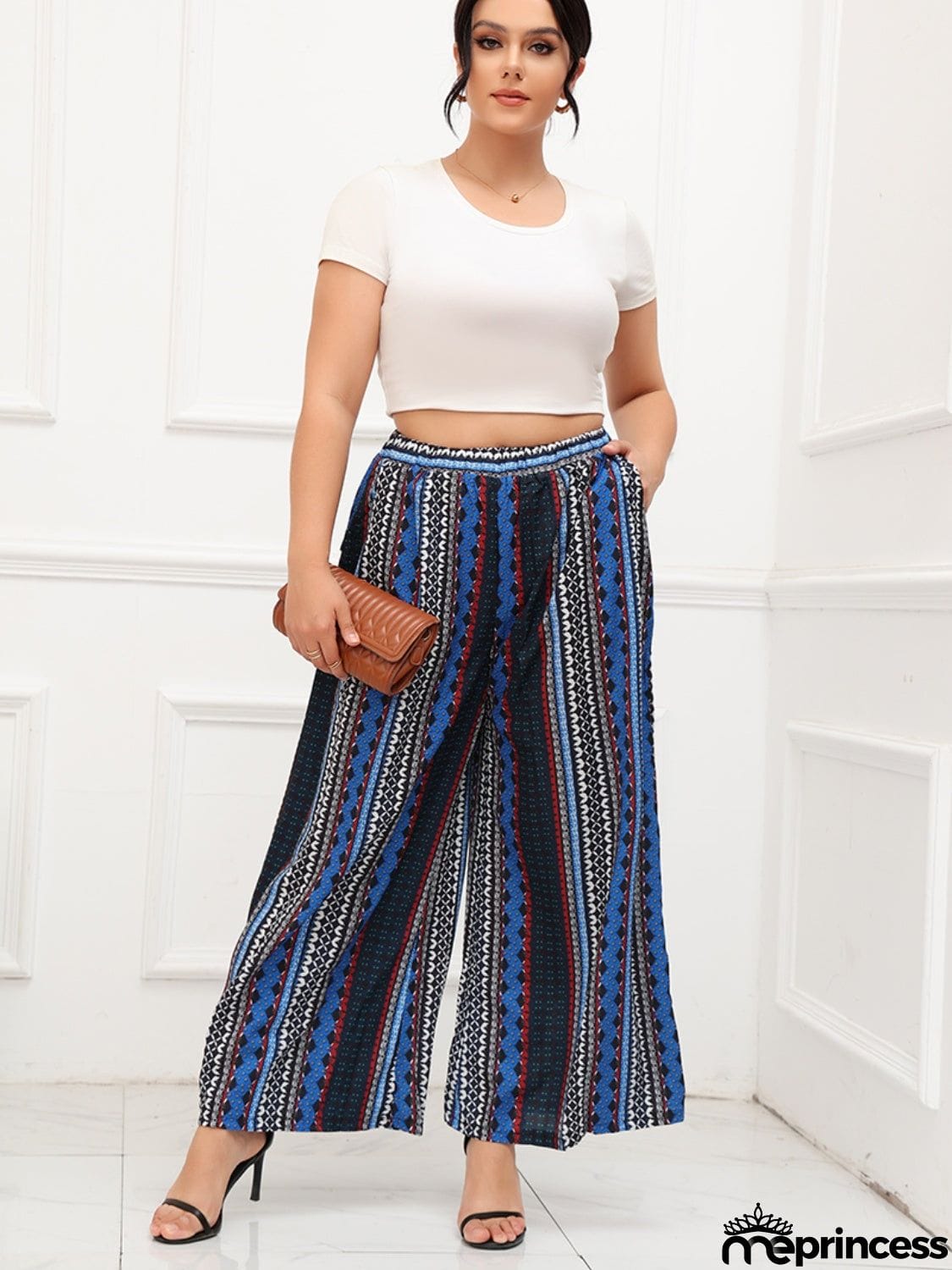 Plus Size Printed Wide Leg Pants with Pockets