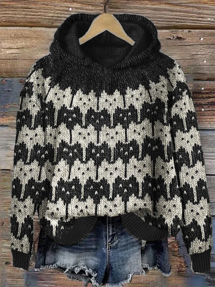 🔥kukelife🔥Crowded Cats Contrast Art Cozy Knit Hoodie