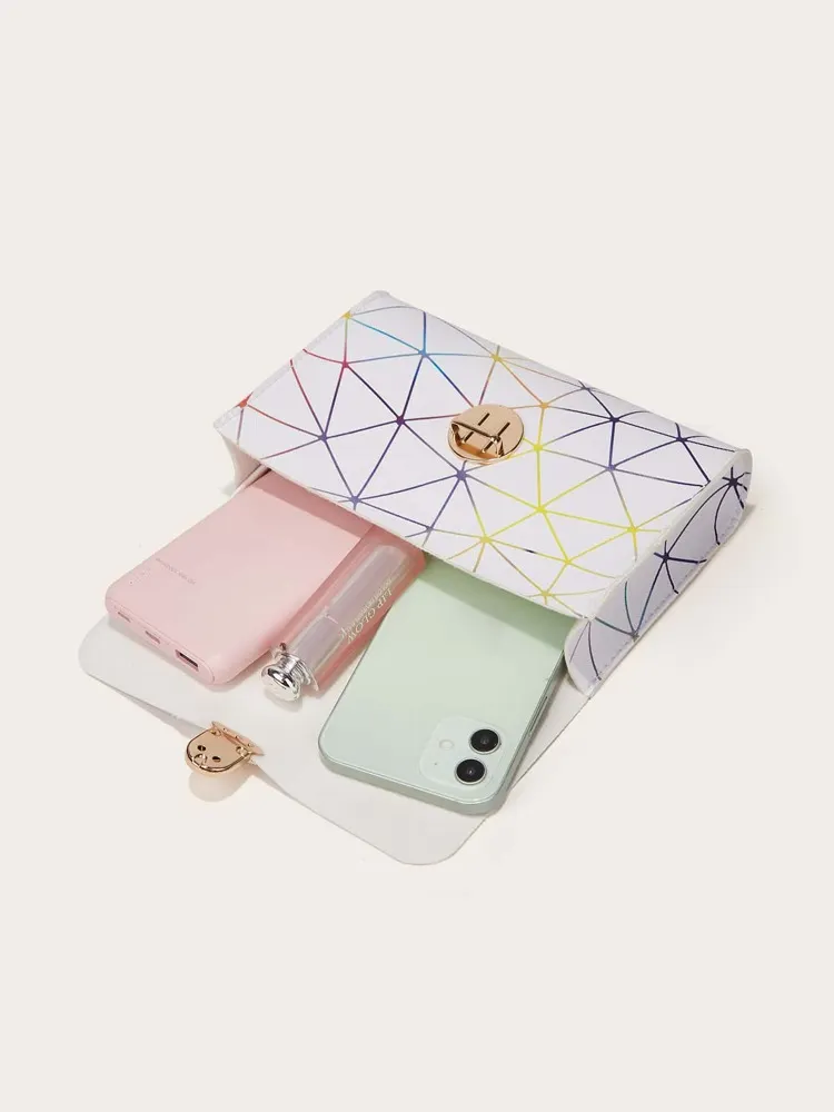 Geometric Graphic Push Lock Flap Chain Bag