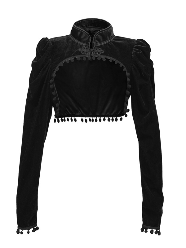 Chinese Style Velvet Black Fringed Stand Collar Long Sleeve Asymmetrical Cape