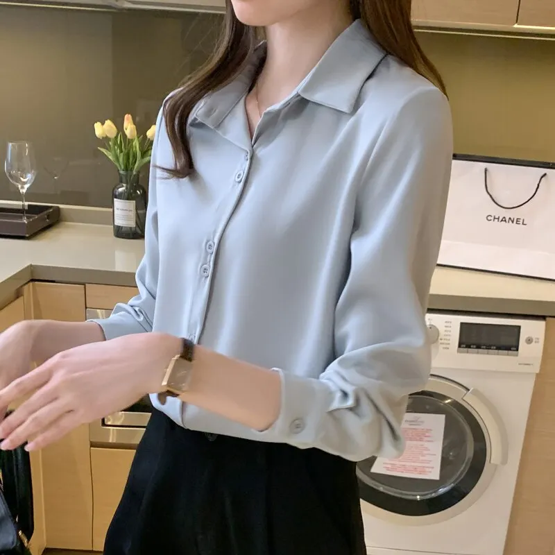 2021 Fashion Satin Long Sleeve Blouses Button Up White OL Vintage Tops V-neck Solid Ladies&rsquo; Tops Women's Silk Shirts Women 17278