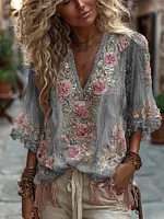 Women's Vintage Rose Embroidery Art Comfy Linen Shirts - Image 7