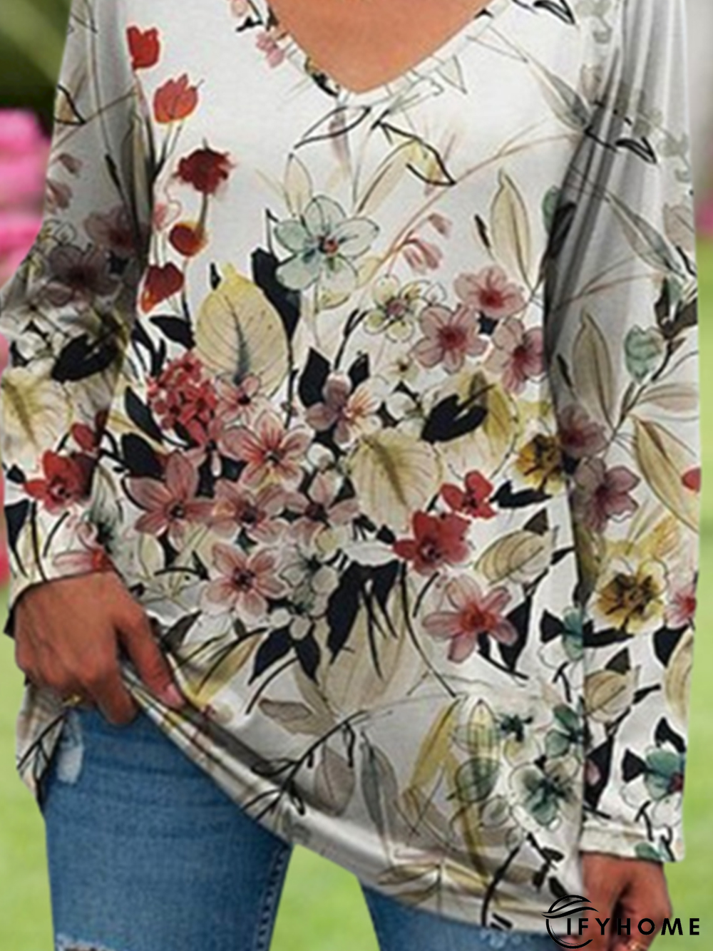 Floral Long Sleeve V Neck Casual Tunic T-Shirt | IFYHOME