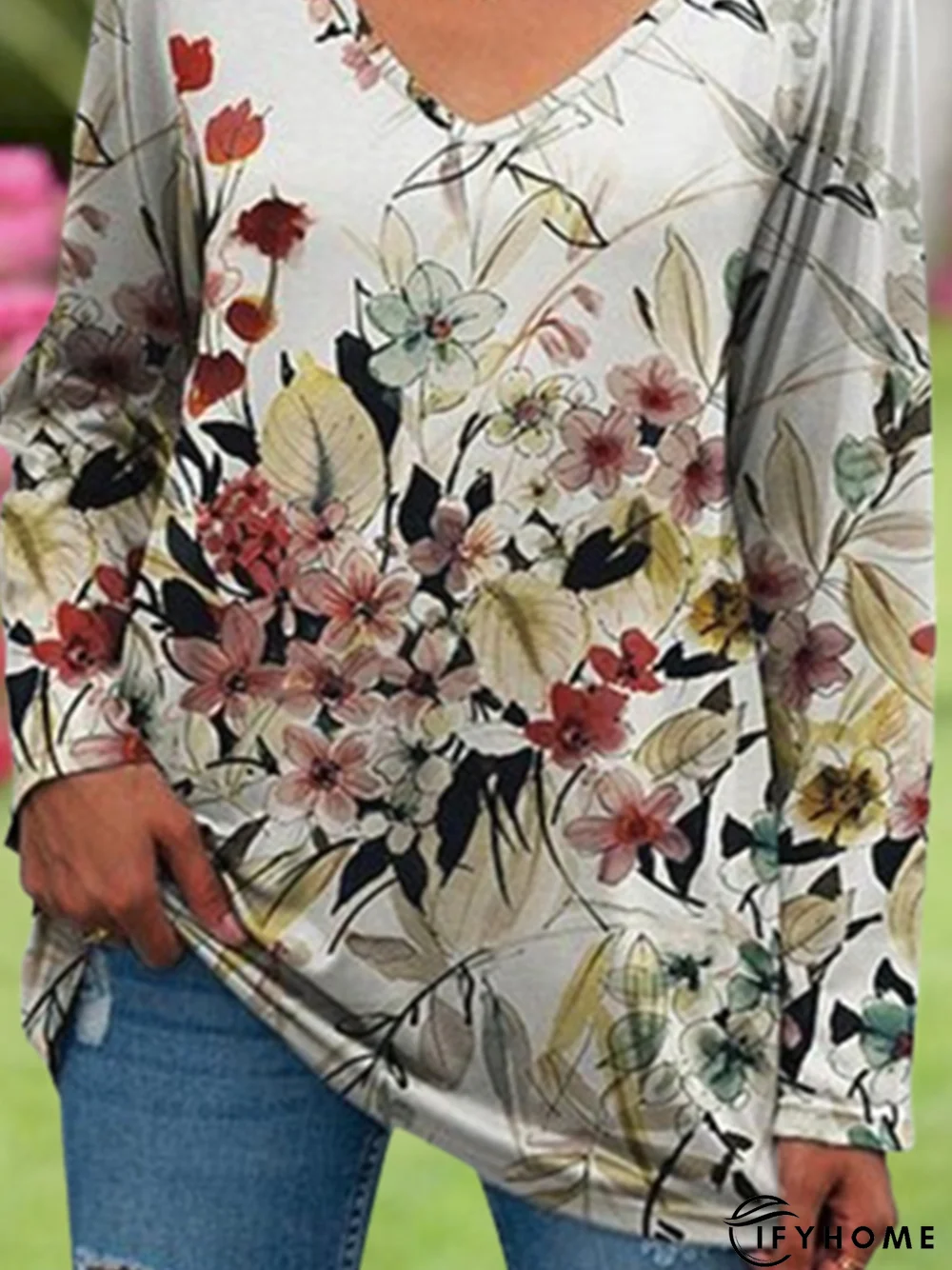 Floral Long Sleeve V Neck Casual Tunic T-Shirt | IFYHOME