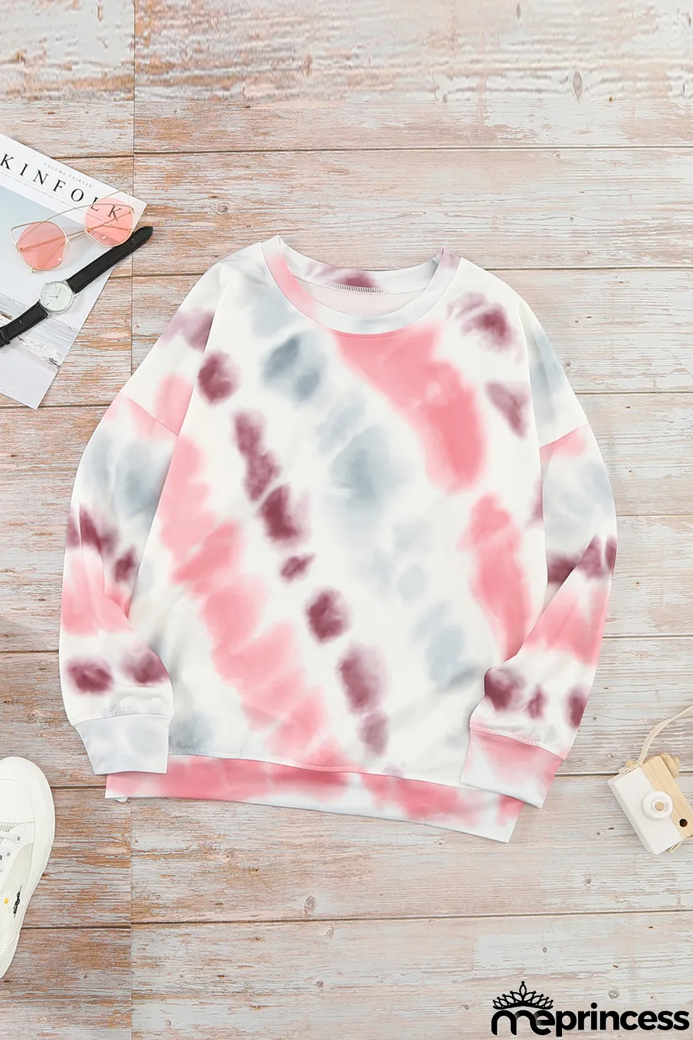 Pink Casual Tie-dye Round Neck Sweatshirt