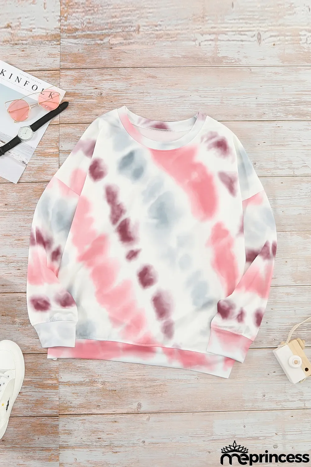 Pink Casual Tie-dye Round Neck Sweatshirt