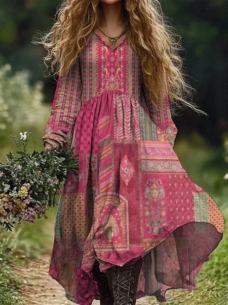 Retro Boho Floral Art Print Vintage Chic V-Ausschnitt Langarm Midi-Kleid