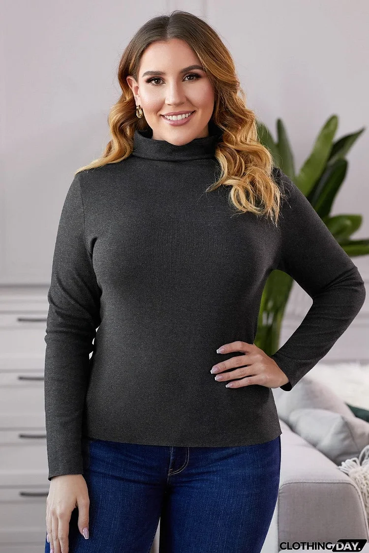 Khaki Plain Turtleneck Ribbed Plus Size Top