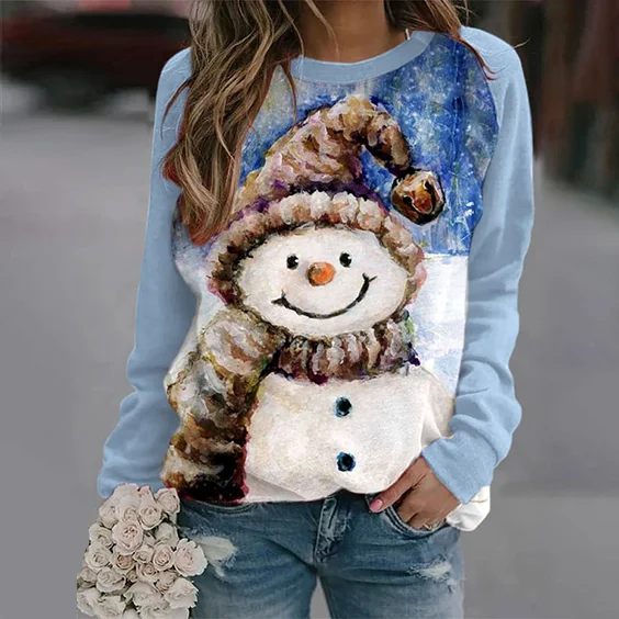 Comstylish Christmas Snowman Print Crew Neck Sweatshirt