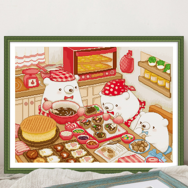 Little White Bear Baking 11ct Pre-stamped Canvas(59*78cm) 69 Colors Cross Stitch