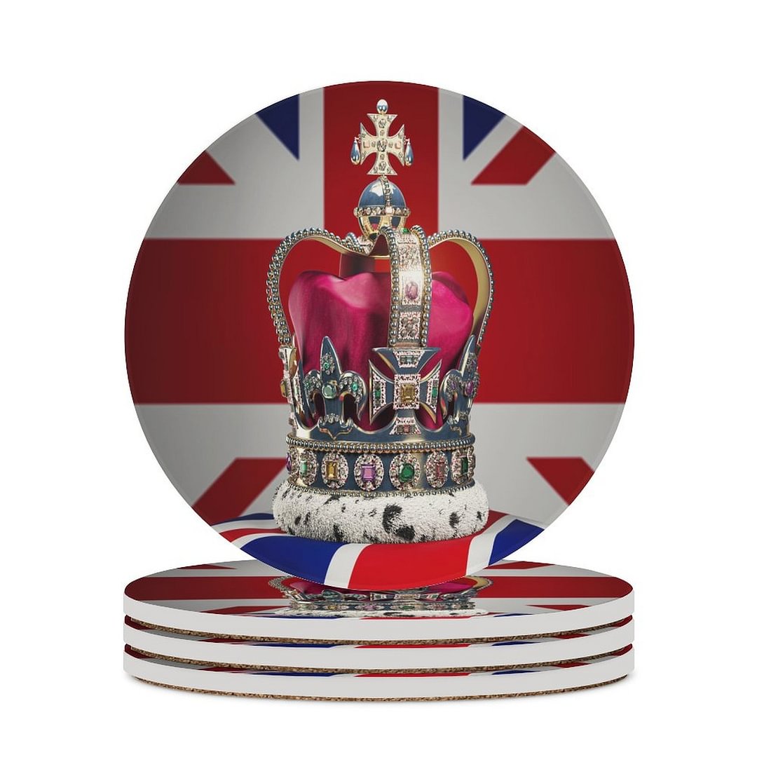 Elizabeth Royal Crown and British Flag Memorial Round Ceramic Coasters 