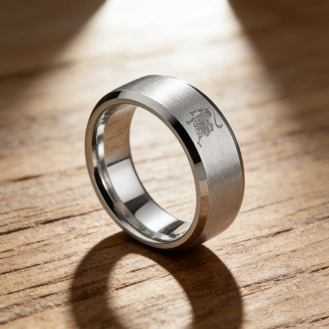 Sliver Laser Etched Couple Wedding Band Sliver Leo Tungsten Carbide Rings Beveled Edges 4MM 6MM 8MM Width