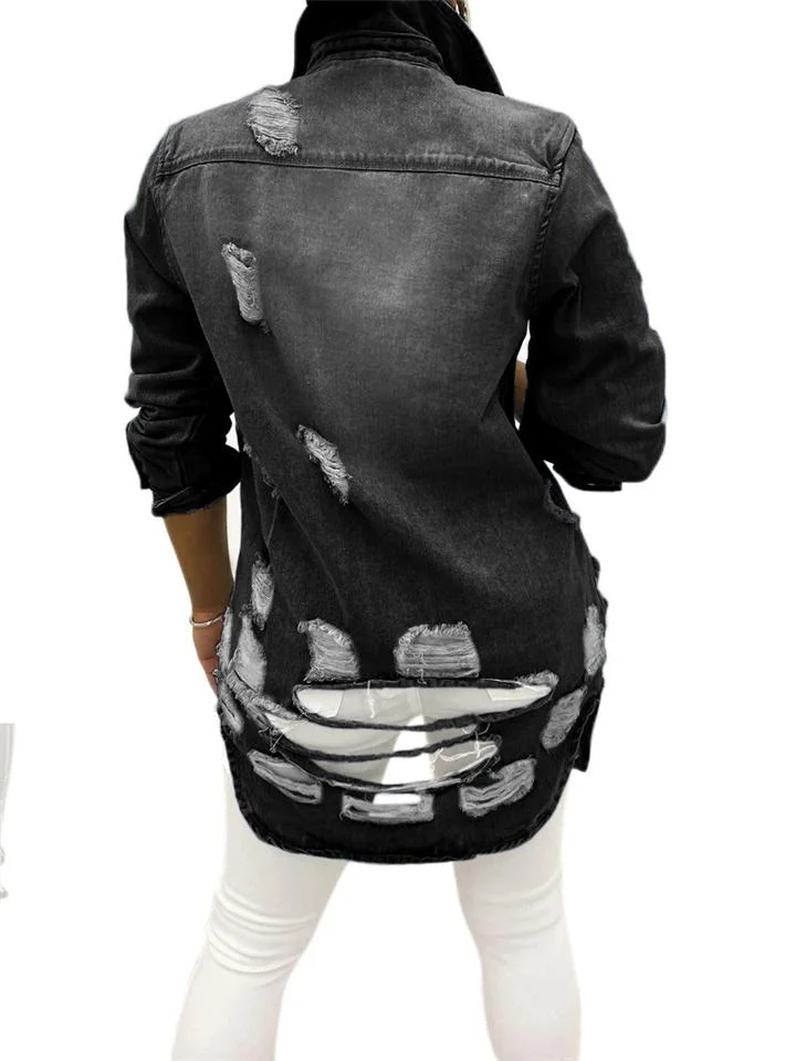 Fashionable Chest Pocket Lapel Collar Ripped Design Denim Coat