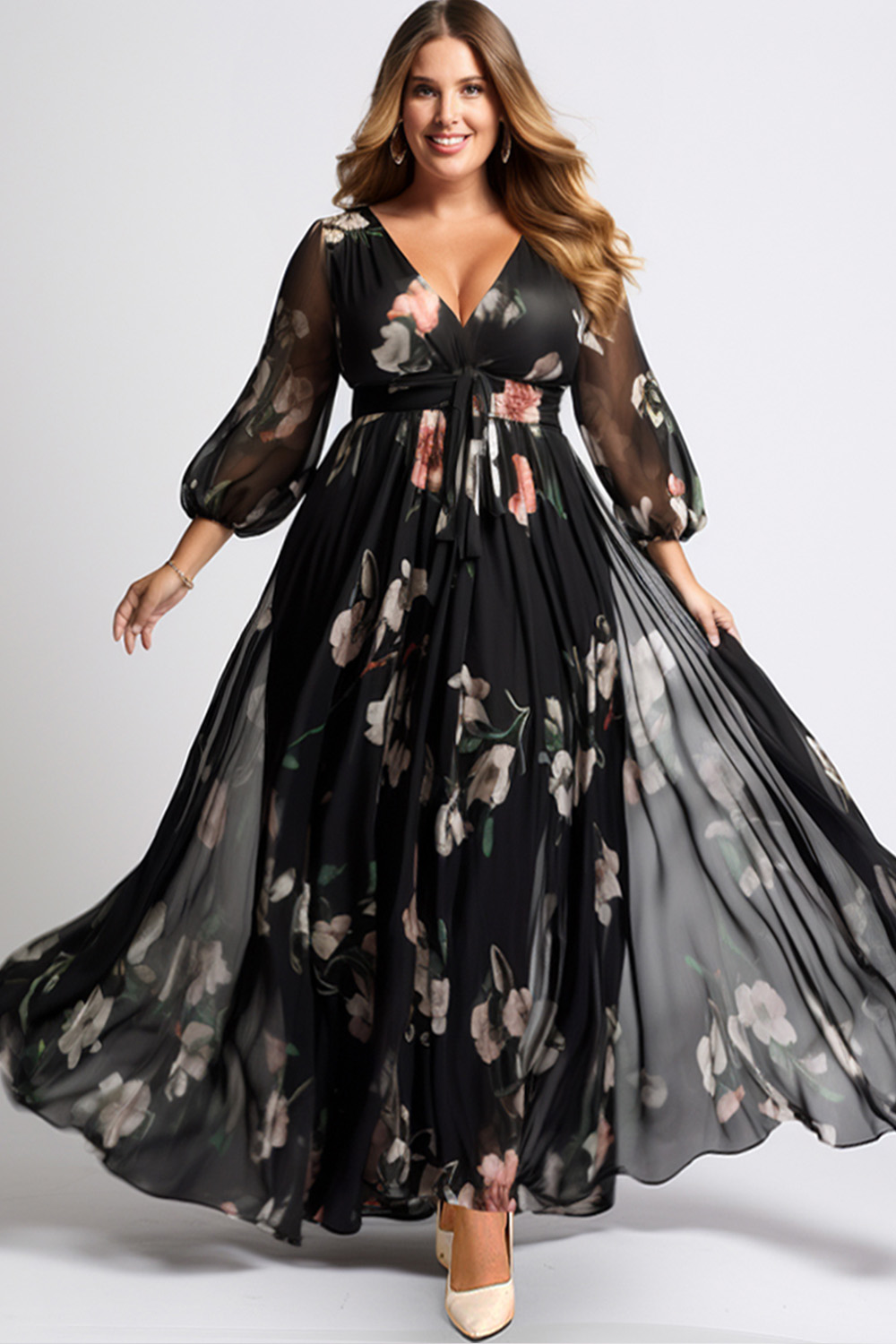 Flycurvy Plus Size Wedding Guest Black Chiffon Floral Print Deep V Neck Lantern Sleeve Lace-Up Maxi Dress