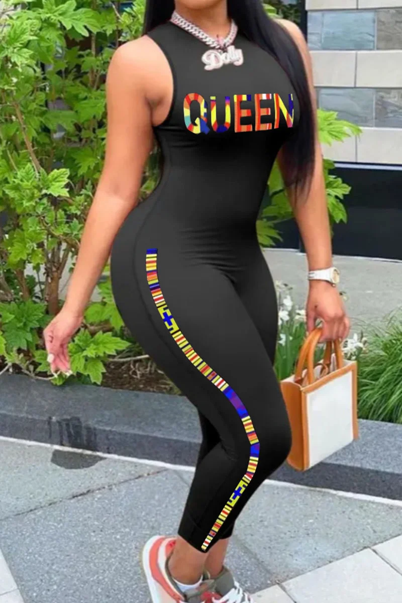 Fashion Casual Letter Print Basic O Neck Skinny Jumpsuits