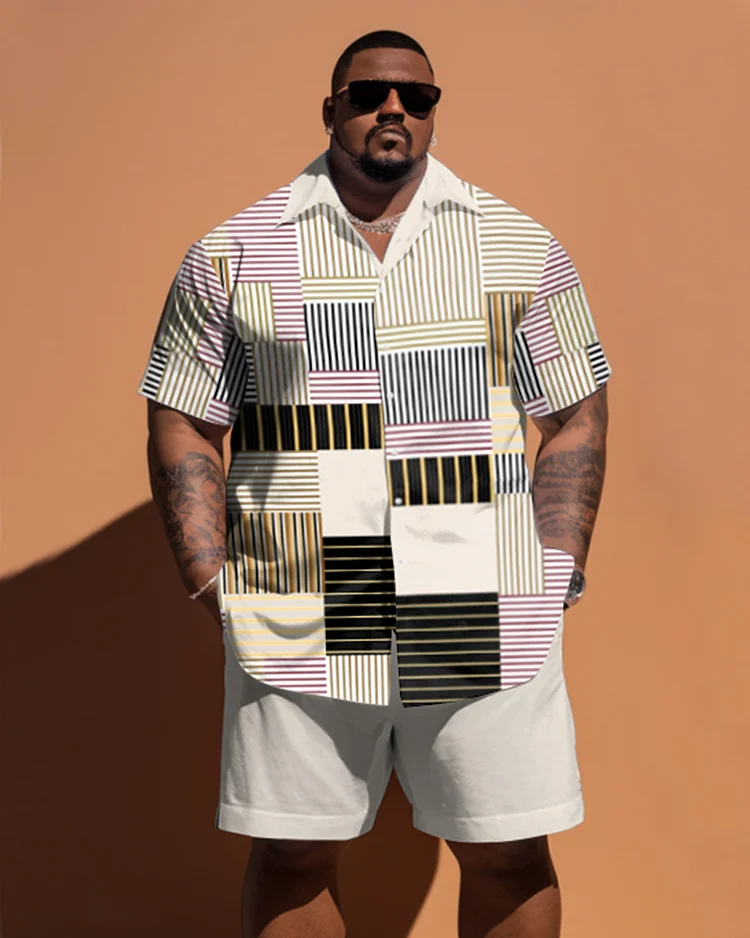 Men's Large Size Simple Color Matching Geometric Irregular Pattern Short Sleeve Shirt Shorts Set