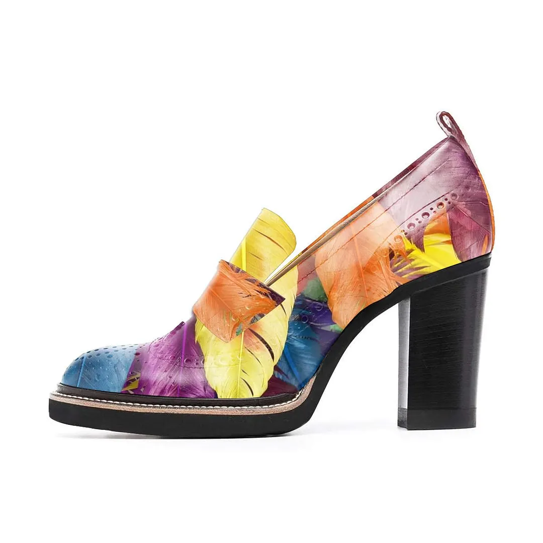 Colorful Perforated Chunky Heel Women's Loafers with Feather Print