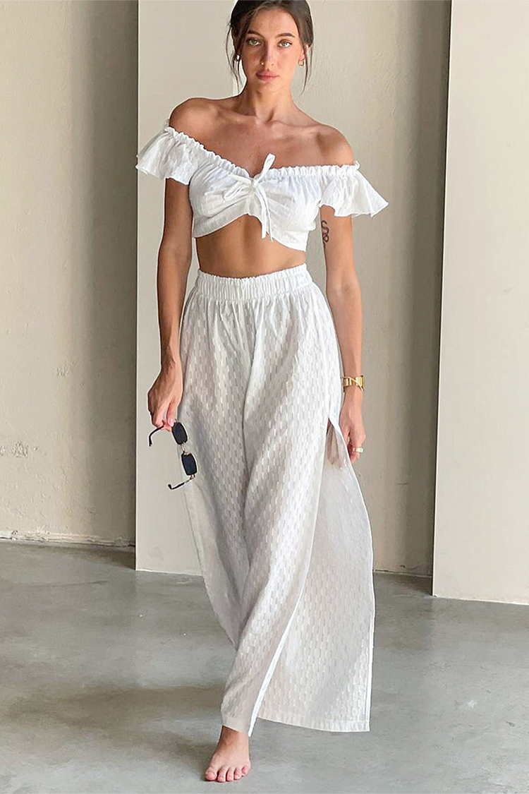 Off Shoulder Flutter Sleeve Tie Up Crop Top Slit Maxi Skirt Matching Set-White