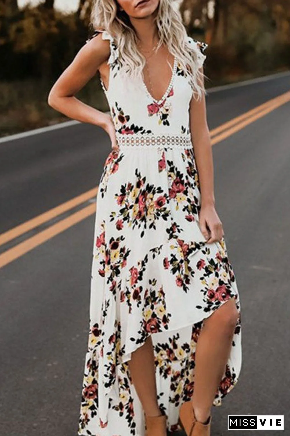 Backless Floral Print High Low Dress