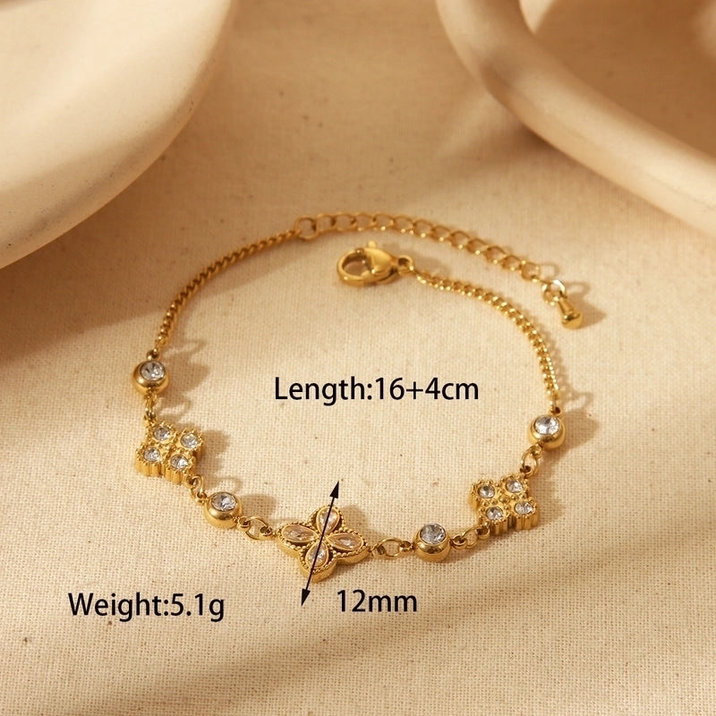 French Style Commute Four Leaf Clover Solid Color Flower 304 Stainless Steel Zircon 18K Gold Plated Inlay Bracelets Earrings Necklace