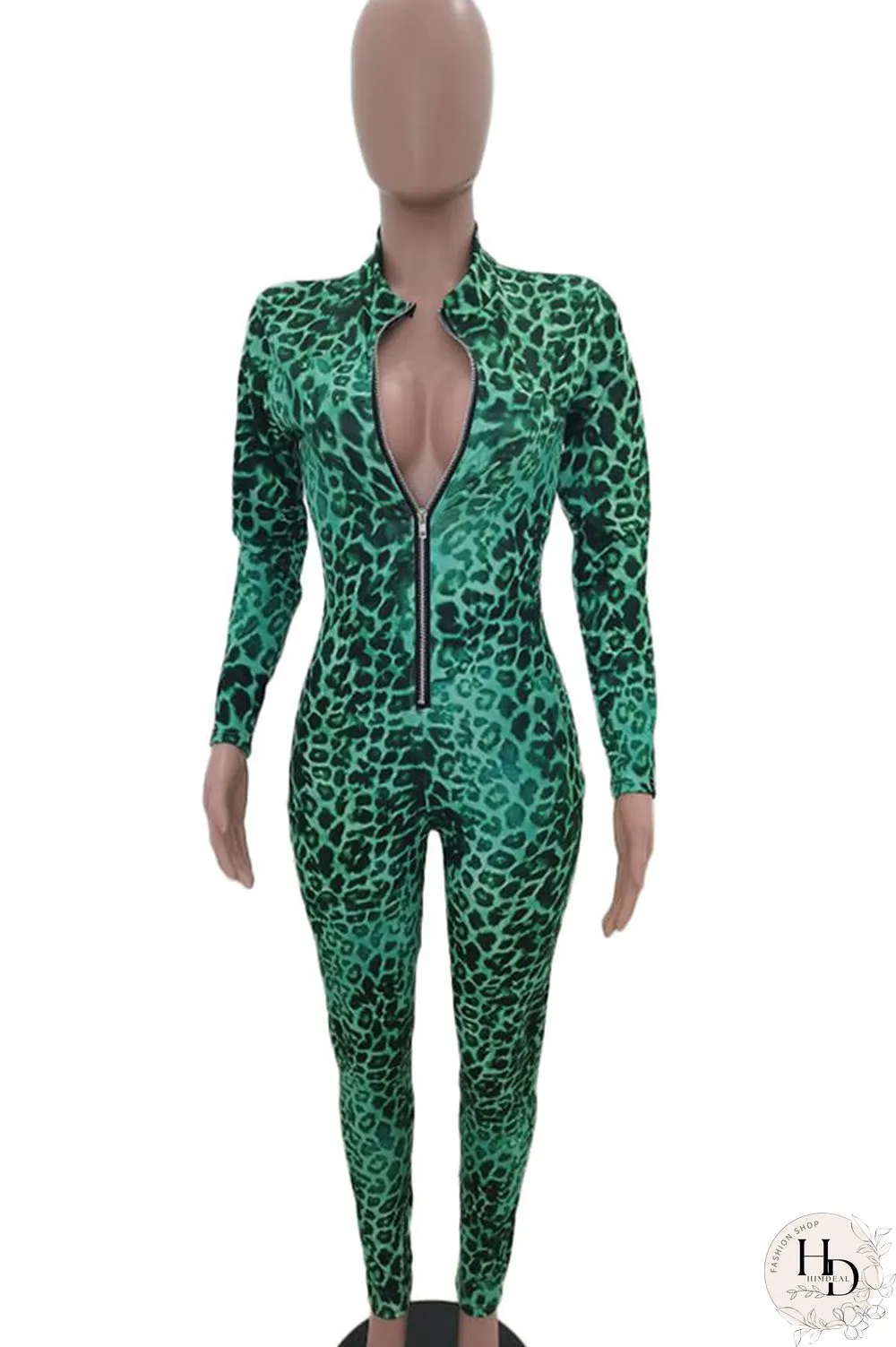 Blue Sexy Print Polyester Long Sleeve O Neck Jumpsuits