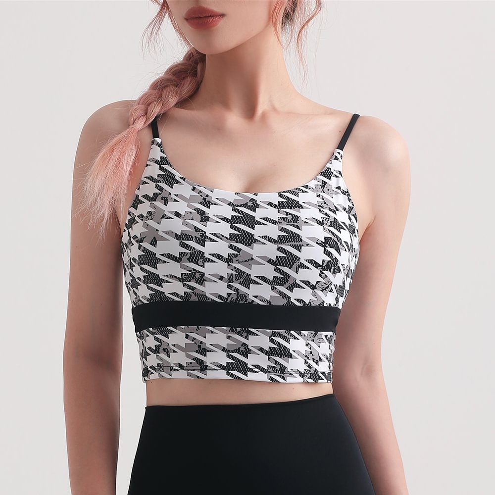 Hergymclothing Houndstooth Black women's big houndstooth print comfortable soft naked feel gym vest bra for sale